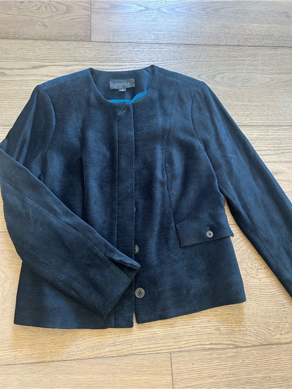 Carlisle Navy Collarless velvet Button-Front Jacket size 8